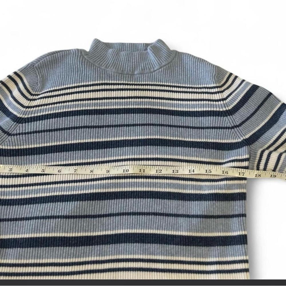 90s Navy Blue White Striped Cotton Mock Neck Ribbed Sweater Size Petite Large - Picture 5 of 7